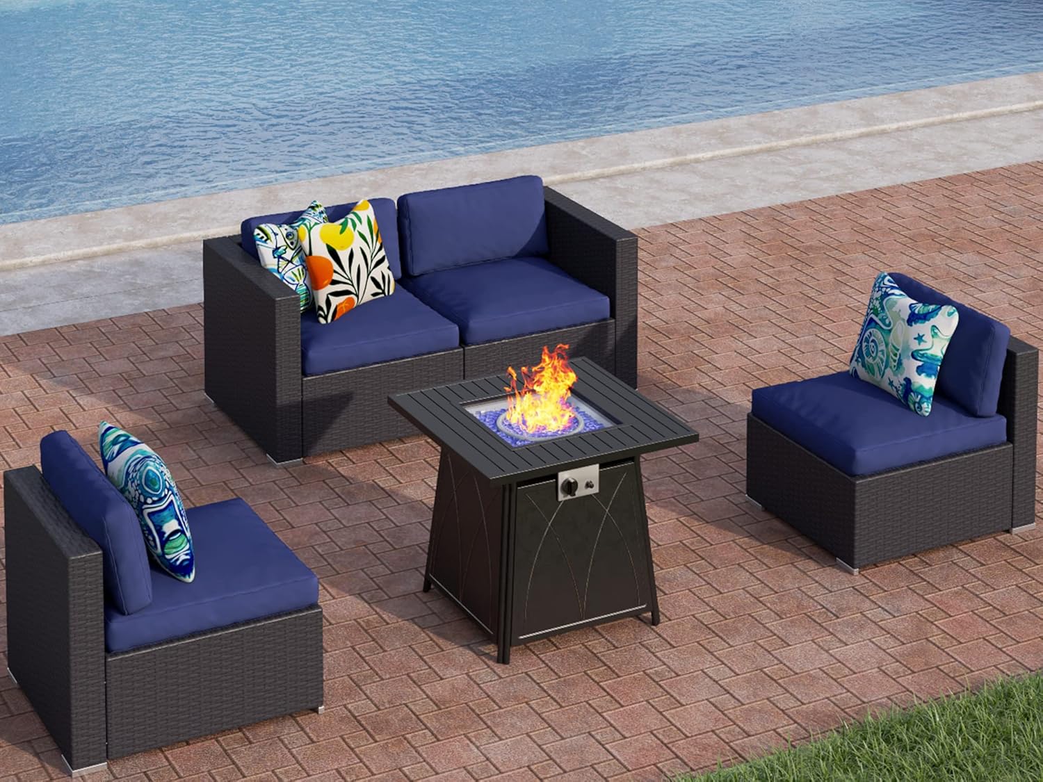 PHI VILLA Patio Furniture Sectional Sofa Set with CSA Approved Gas Fire Pit Table Wicker Rattan Outdoor Conversation Sets Propane Rectangular Fire Pit Table, 5 Pieces Blue