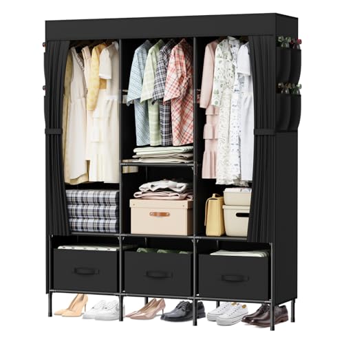 LOEFME Portable Closet, Wardrobe Closet for Hanging Clothes with 3 Drawer Boxes and 8 Side Pockets, 51.2 x 17.7 x 66.9 Inches Clothes Storage Organizer for Bedroom, Living Room, Black