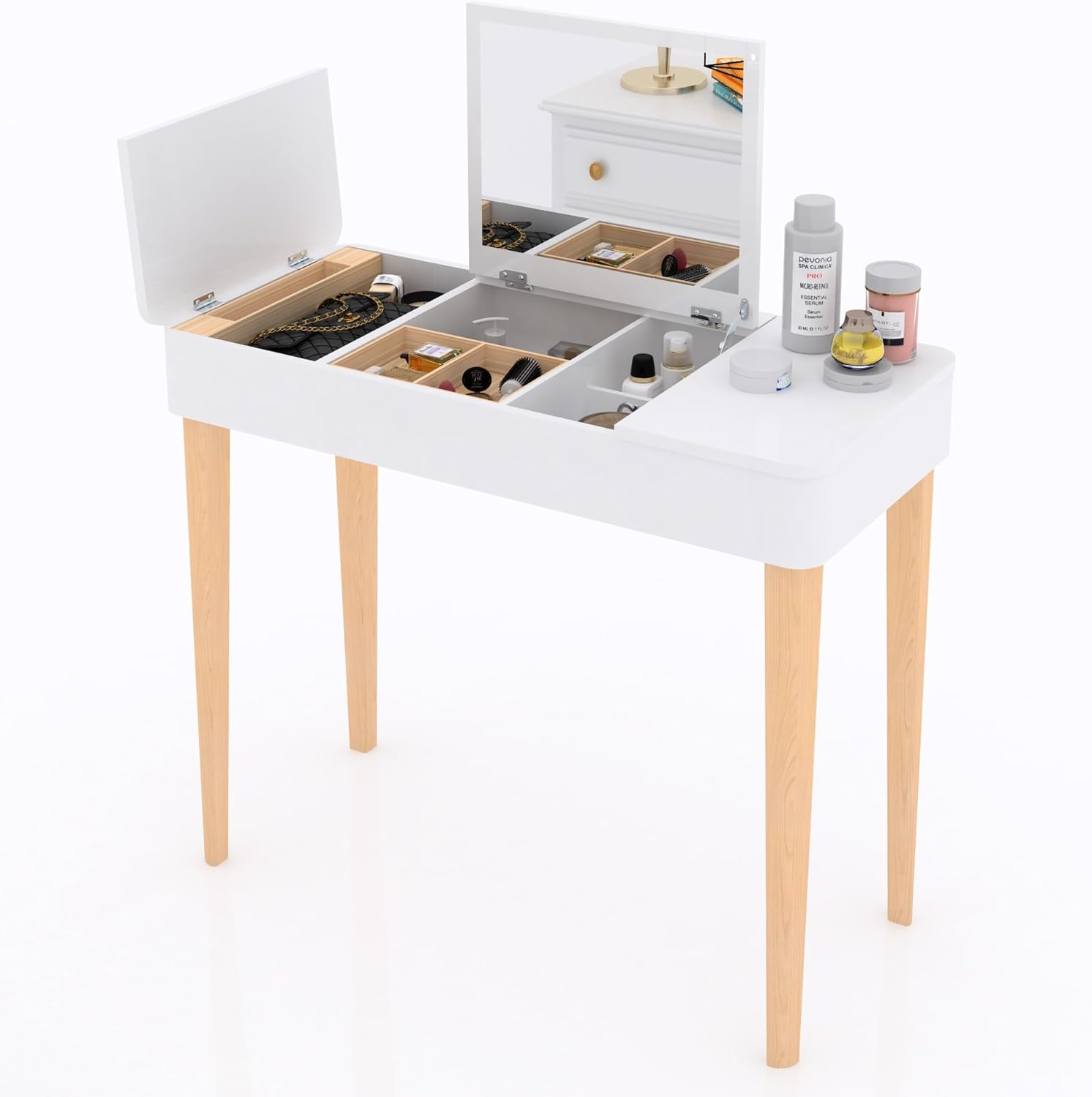 Makeup Dressing Table With Reversible High-Definition Dressing Mirror And Solid Wood Legs, Can Be Used As Buros Para Recamara, Makeup Mirror For Desk Suitable For Small Spaces (Stool Not Included)