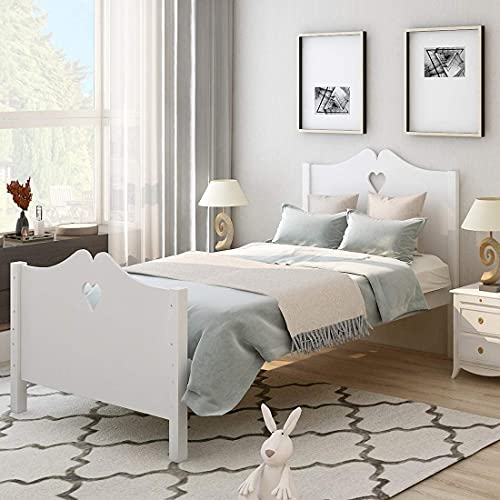 Twin Platform Bed with Wood Slat Support, Sturdy Twin Bed Frame with Headboard and Footboard for Kids (White) (Color : White)