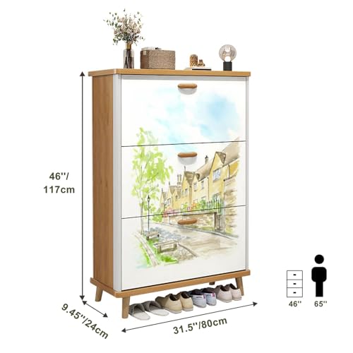 3 Drawer Shoe Cabinet, Artistic Shoe Cabinet, Birch Behind Fence Wood Shoe Rack Organizer for Entryway Slim (31.5”W x 9.45”D 46”H)