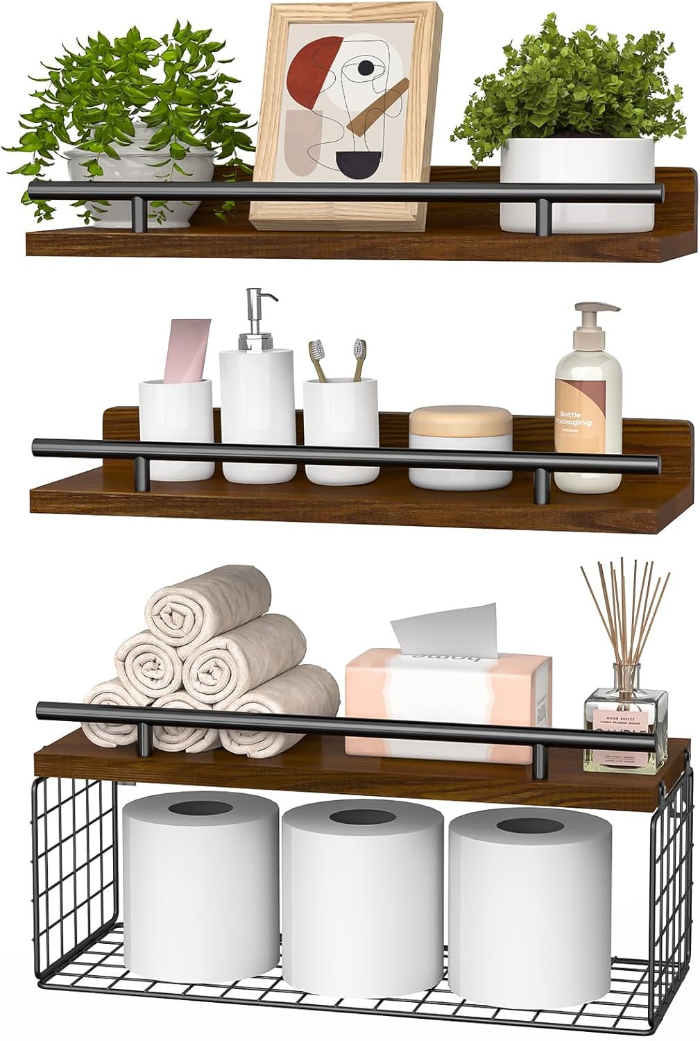 NiHome 3-Tier Floating Shelves with Storage Basket, Rustic Wood Bathroom Shelves Over Toilet with 3 Metal Guardrails, Wall Mounted Floating Shelves for Bathroom, Bedroom, Living Room, Kitchen, Office