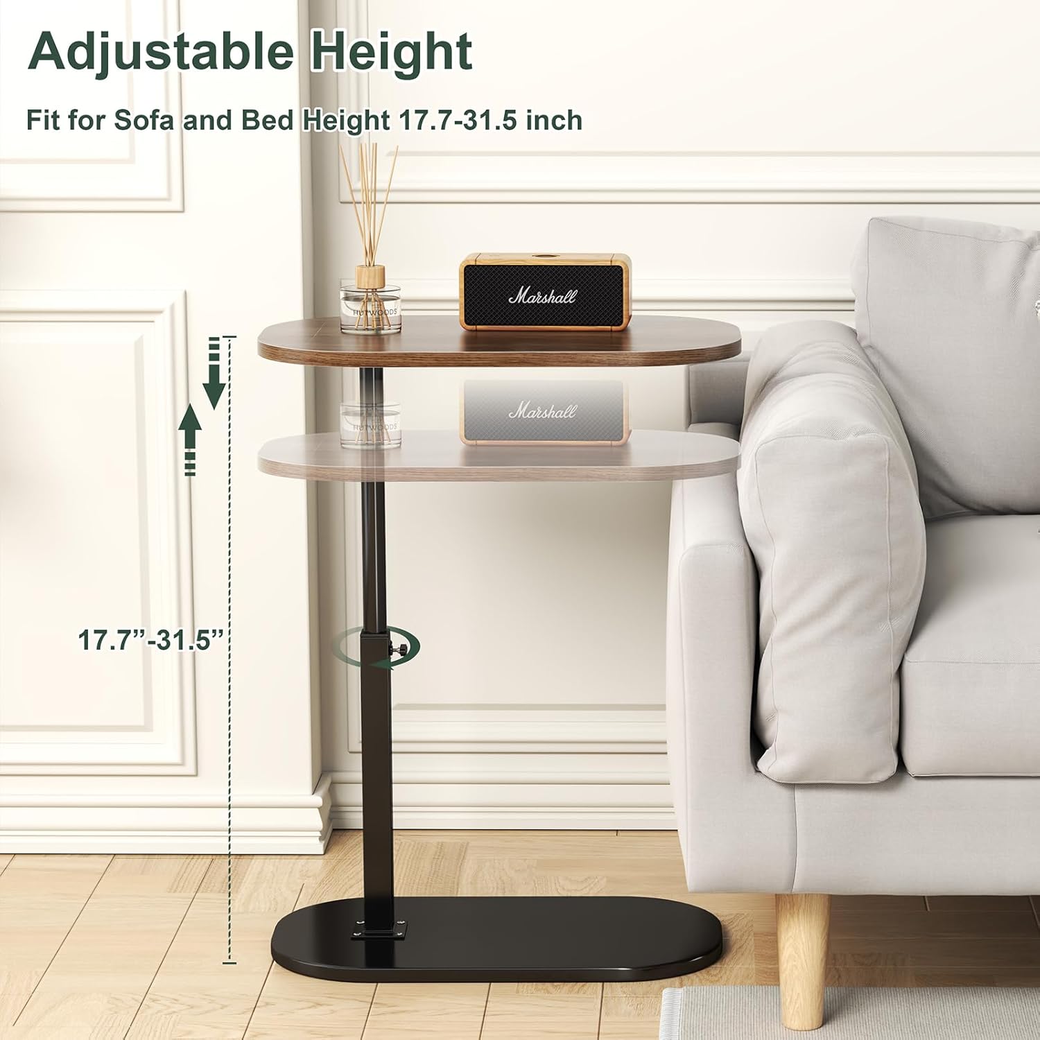 C Shaped Side Table, Adjustable Height C Shaped End Table, 360°Swivel Couch Side Tables That Slide Under, Modern Small Coffee C Table End Table for Sofa/Bed/Bathtub, Rotating Tabletop