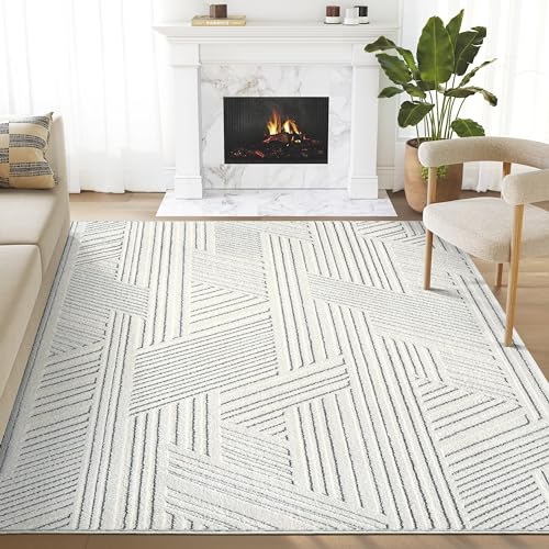 Abani Cozy Cream Area Rug for Living Room, Bedroom - Grey Criss Cross Intertwined Lines Pattern - 5' x 8' - Durable & Easy to Clean