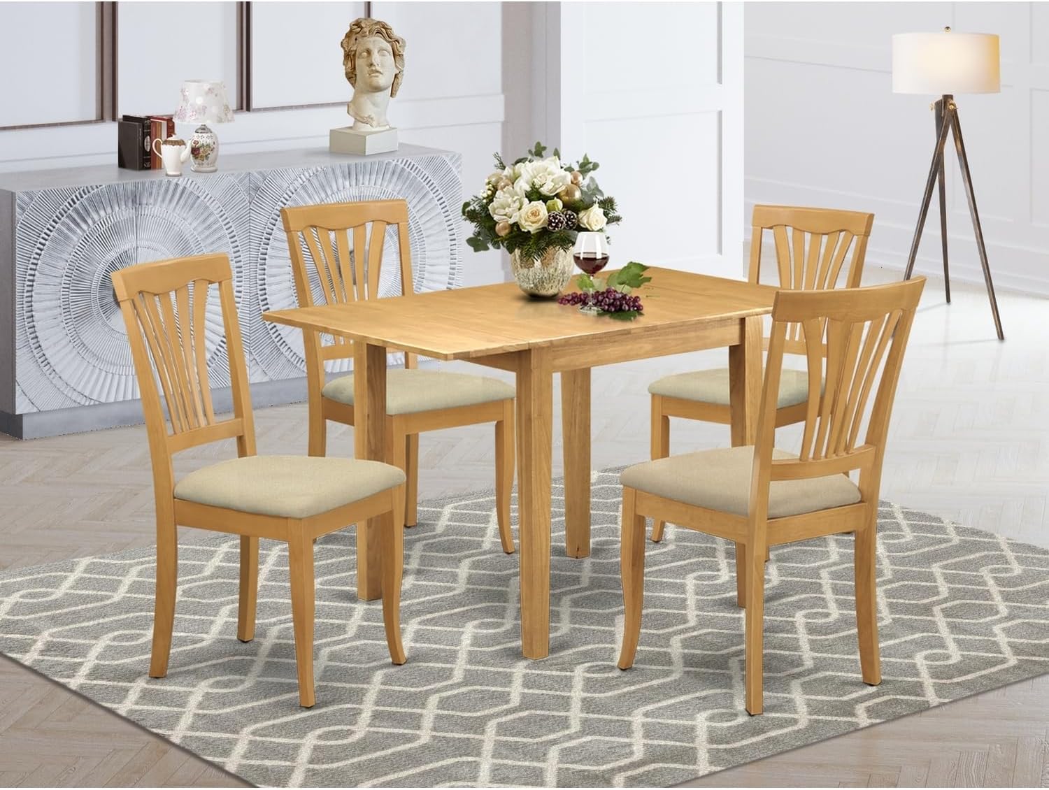 Eclectic Exclusivity Dining Room Table Set 5 Piece - Four Great Wooden Dining Chairs - A Gorgeous Dining Room Table - Oak Color Linen - Oak Finish Hardwood Frame