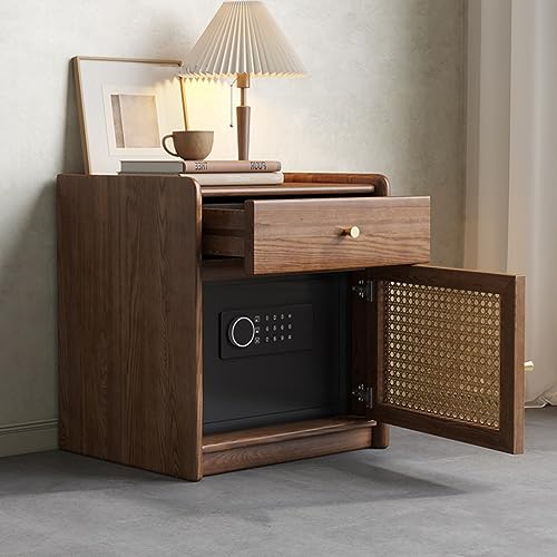 Stylish Nightstand Side Table with Hidden Safe, Ash Wood Bedside Table with Gun Safe for Pistol, Protect Your Pistal and Valuables (Brown)