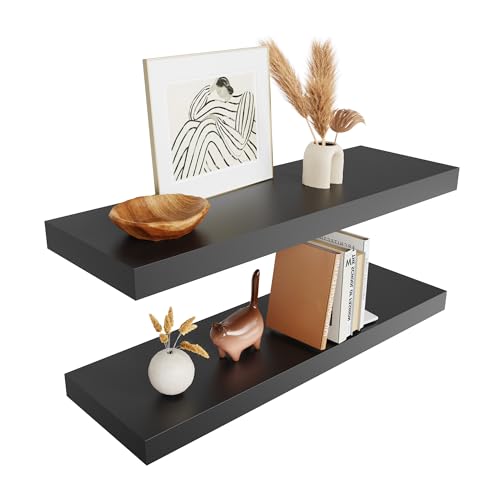 White Floating Shelves, 24 Inch Wall Shelves for Bathroom, Bedroom, Hanging Shelf for Wall Storage, Wall Mounted Wooden Shelves for Toilet, Kitchen, Office, Living Room Decor(Set of 2)