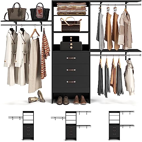 Armocity 96 Inches Closet System, 8FT Walk In Closet Organizer with 3 Shelving Towers, Heavy Duty Clothes Rack with 3 Drawers, Built-In Garment Rack, 96