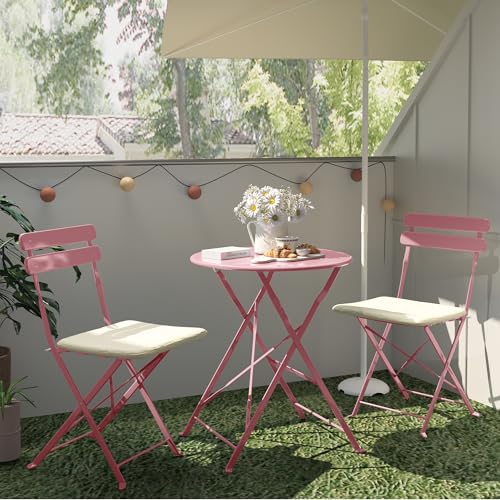 3 Piece Bistro Set Outdoor with Cushion, Small Patio Chairs Set of 2, Weather Resistant Folding Table and Chairs with Premium Steel Frame for Small Balconies, Apartment, Poolside (Blue)