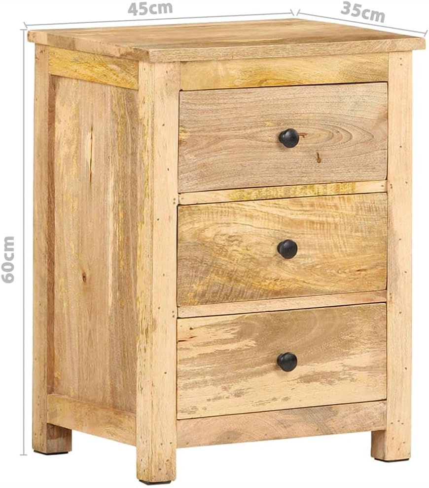 vidaXL Mango Wood Bedside Cabinet - Brown Solid Wood Nightstand with 3 Drawers, Rustic Bedroom Storage/Side Table Furniture, 17.7