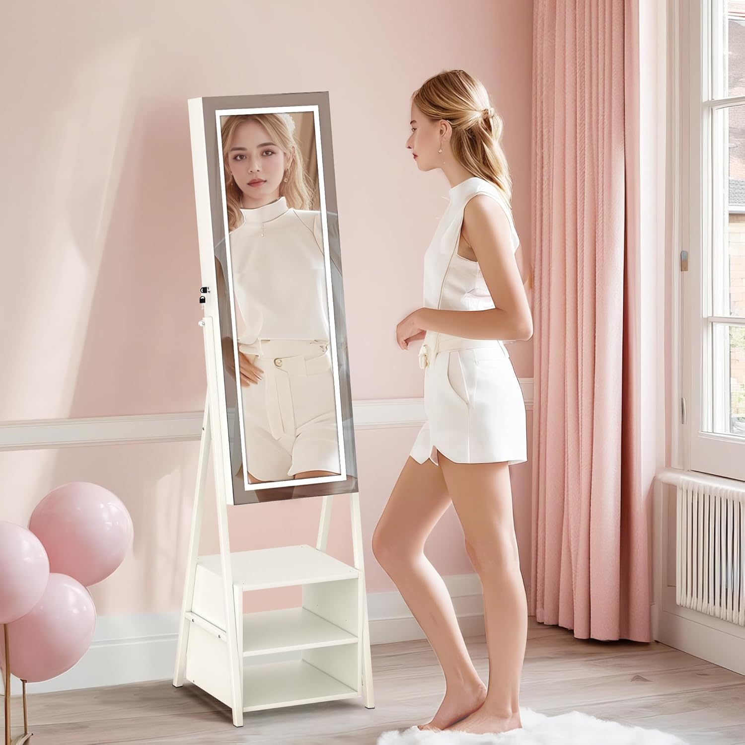 VECELO Jewelry Cabinet with Mirror and Lights, 63