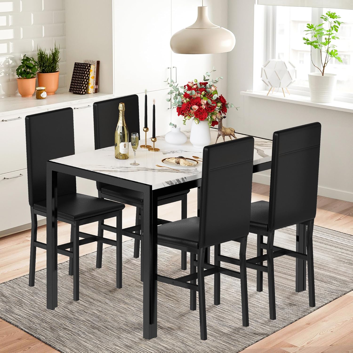 Dining Table Set for 4, Faux Marble Kitchen Table and Chairs Set, Rectangle Dining Room Table Set with Metal Frame and Upholstered Chairs, for Small Space, Dining Room, Kitchen, White&Black