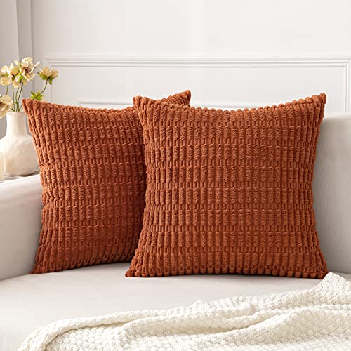 MIULEE Pack of 2 Corduroy Decorative Throw Pillow Covers 24x24 Inch Soft Boho Striped Fall Pillow Covers Modern Farmhouse Home Decor for Sofa Living Room Couch Bed Dark Rust