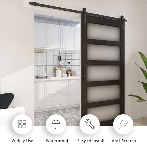 BARNSMITH 36in x 84in Glass Barn Door with 6.6FT Brushed Nickle Sliding Door Hardware Kit included & Handle,5-Panel Frosted Glass Solid Wood Water-Proof PVC Surface,Pre-Drilled Easy Assembly,White