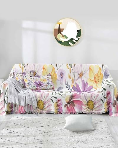Floral Pink Purple Sofa Cover Couch Covers for 3-4 Cushion Couch Throw Couch Cover with Tassel Soft Sofa Slipcover Spring Summer Flowers Butterfly White Couch Furniture Protector for Dog Pet 71