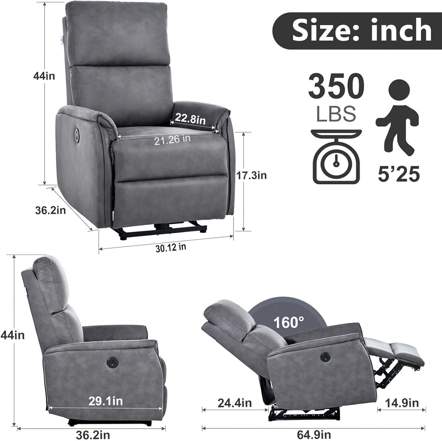 Electric Power Recliner Chair, Advanced Power Lift Recliner Chair for Elderly Adults, Small Recliners Home Theater Seating with USB Ports for small spaces (Dark Gray)
