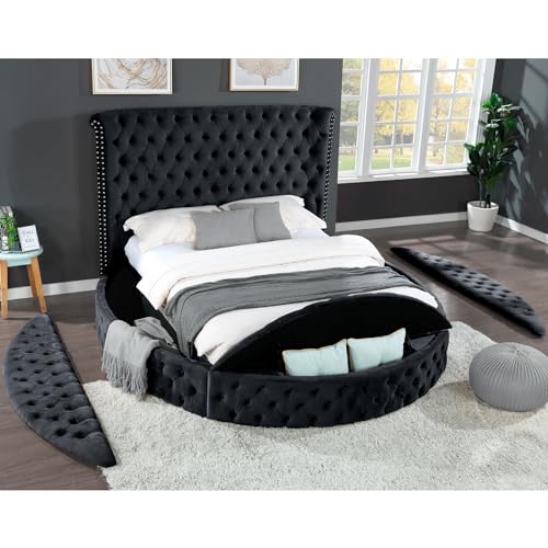 Circle Bed Frame Queen, Luxury Bed Frames with Wingback Headboard and Storage Side Rails & Footboard, Velvet Round Bed Frame with USB Chargers and Speakers, Circle Bed for Bedroom