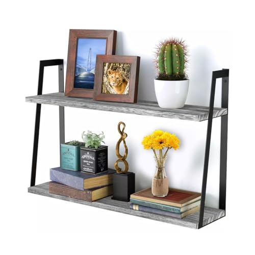 Halter Wall Mounted Floating Shelf with Rail and Wooden Towel Rod, Grey Wood
