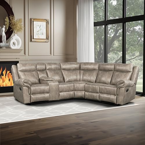 Manual Set, Premium L-Shaped Faux Leather Recliner Corner Sectional Couch with Console & Cup Holders for Living Room Sofas para Sala, A-Black aa