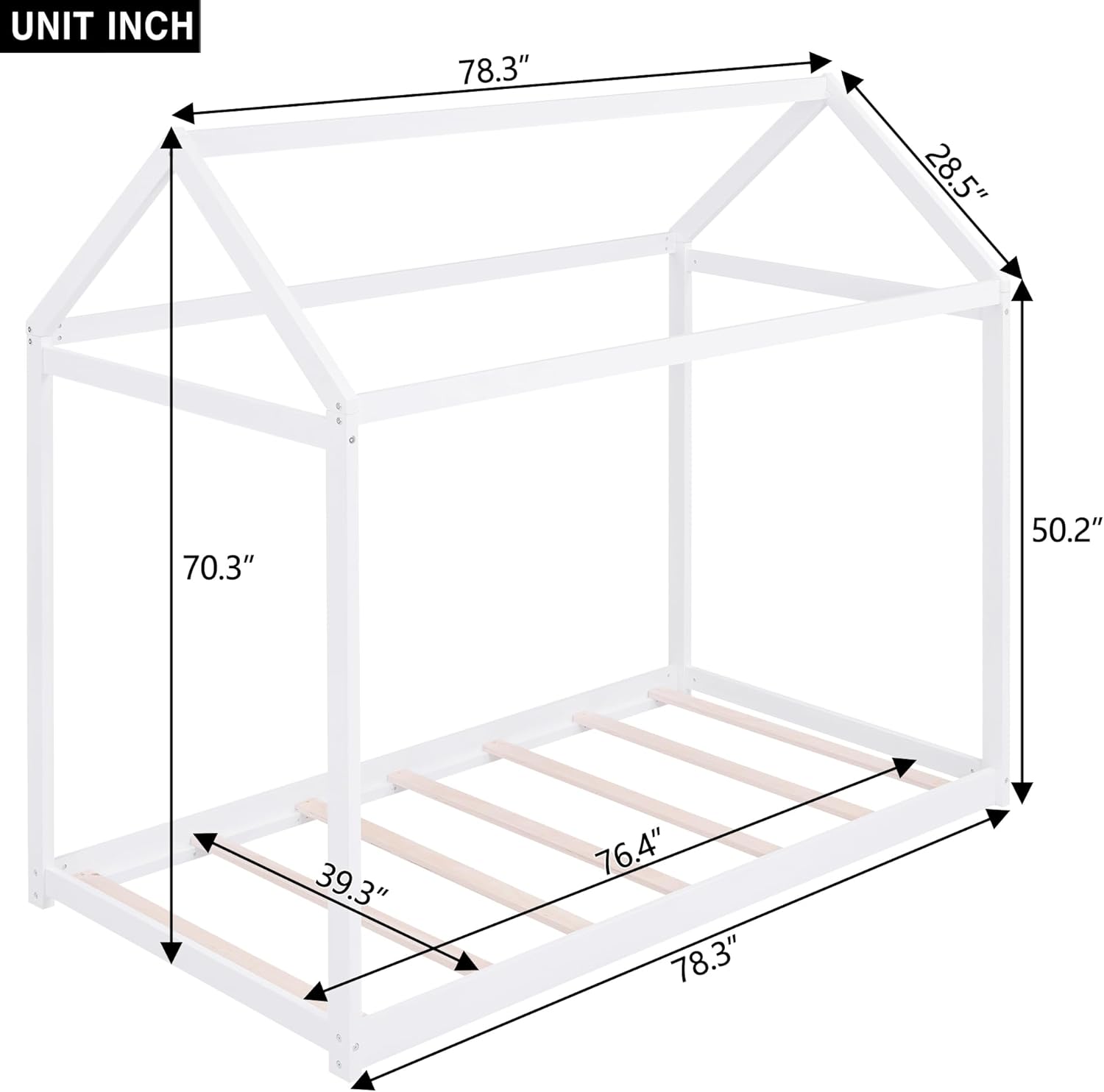 Twin Size House Shape Floor Bed, Montessori Wooden Slat Supports Bed Frame with Roof for Kids, Teens, Boys or Girls, White