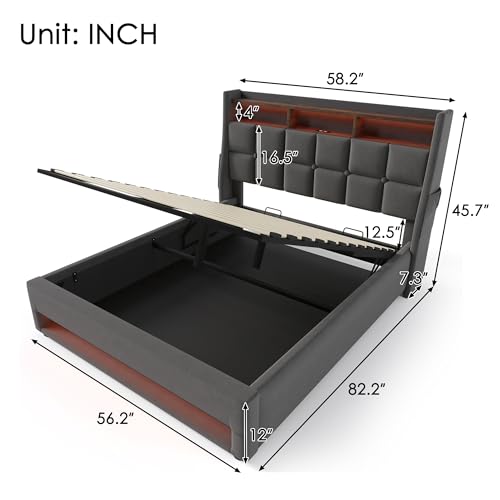 Merax Queen Size Upholstered Wooden Platform Bed Frame with Hydraulic Storage System,LED and Soft Storage Headboard,USB Charging