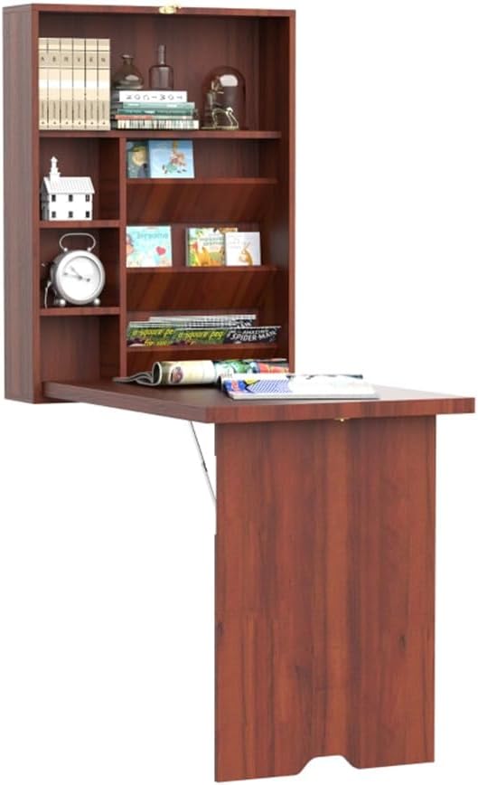 Wall Mounted Desk, Fold Out Convertible Floating Desk, Space Saving Computer Desk Hanging Table with Storage Area,Mahogany