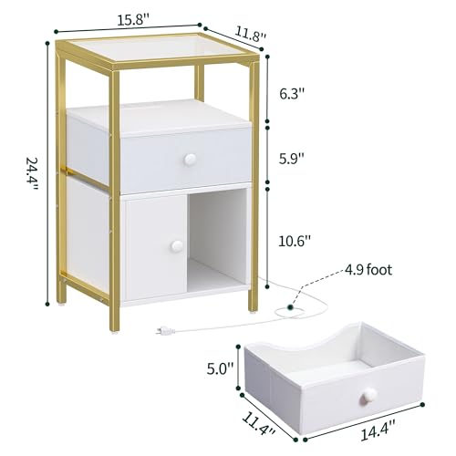 Night Stand Set 2, LED Nightstands with Drawer, Side Table with Charging Station, Bedside Table with Storage Shelf and Cabinet, Black JET004CB2