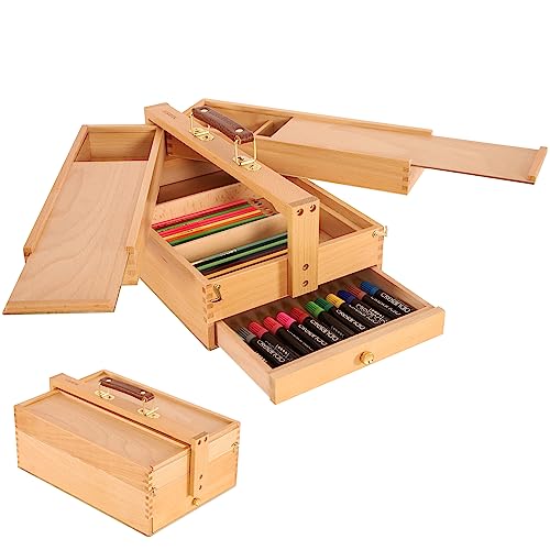VISWIN Multi-Function Artist Storage Box, Portable Solid Beech Wooden Tool Box with Drawer, Three Layers Art Supplies Storage Box for Paint Brush, Pen, Pastel, Paining Supplies, 13 1/2