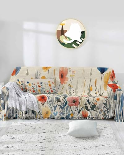 Light Pink Red Blue Floral Cover Couch Covers for 3 Cushion Couch Throw Couch Cover Tassel Soft Slipcover Watercolor Plants Flower Leaf Texture White Couch Furniture Protector for Dog Pet 71