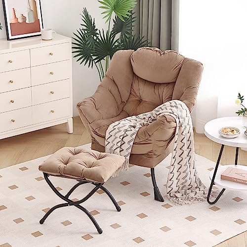 Oversized Chair with Ottoman, Removable Modern Chair with Folding Footrest, Comfortable Reading Chair for Bedroom, Study, Living Room, Courtyard (Plush Brown)