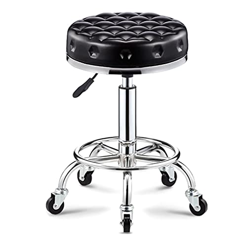 Round Rolling Stool Beauty Stools Chair Adjustable Height Chrome Steel Bar Stool Round Cushion, Salon Rolling Stool Swivel Chair On 5 Wheels, PU Leather Counter Stools Shop Work Stool with