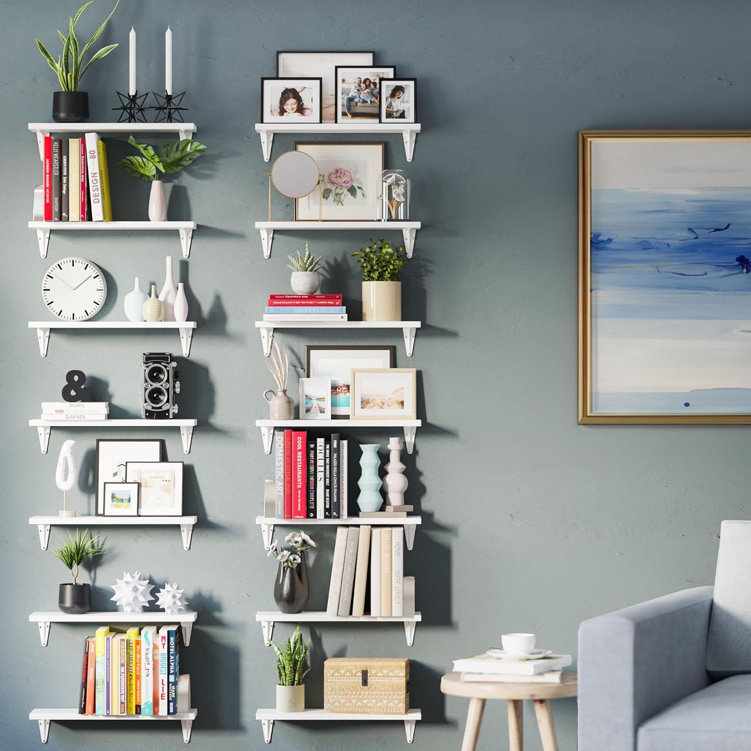 Wallniture Arras 17''x4.5'' Floating Shelves, Wall Bookshelf for Living Room, Kitchen Rustic Wood Shelves, Wall Shelves for Bathroom, Set of 14, White, Wood