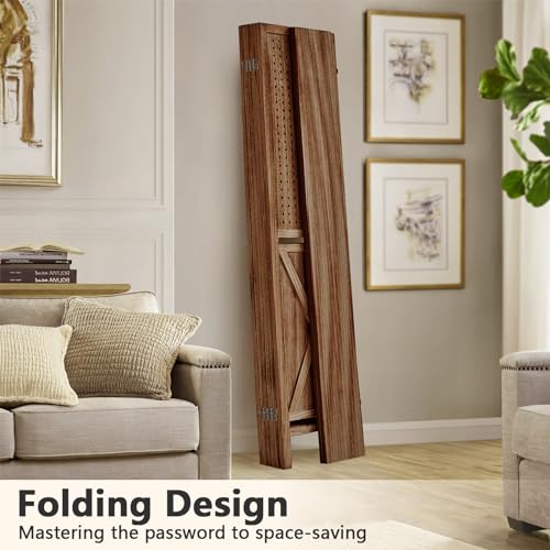 4 Panel Pegboard Display with 16 Hooks, Wooden Pegboard Room Divider Wall with Shelf, Rustic Room Dividers and Folding Privacy Screens, Bedroom, Jewelry Store, Brown