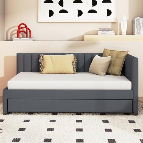 Twin Size Linen Upholstered Daybed L-Shaped Corner Bed Sofa Bed w/Tufted Back& 1 Armrest for Living Room,Modern Captain Bed Platform Bed Frame w/Trundle & Wooden Slats Support for Small Space (Grey)