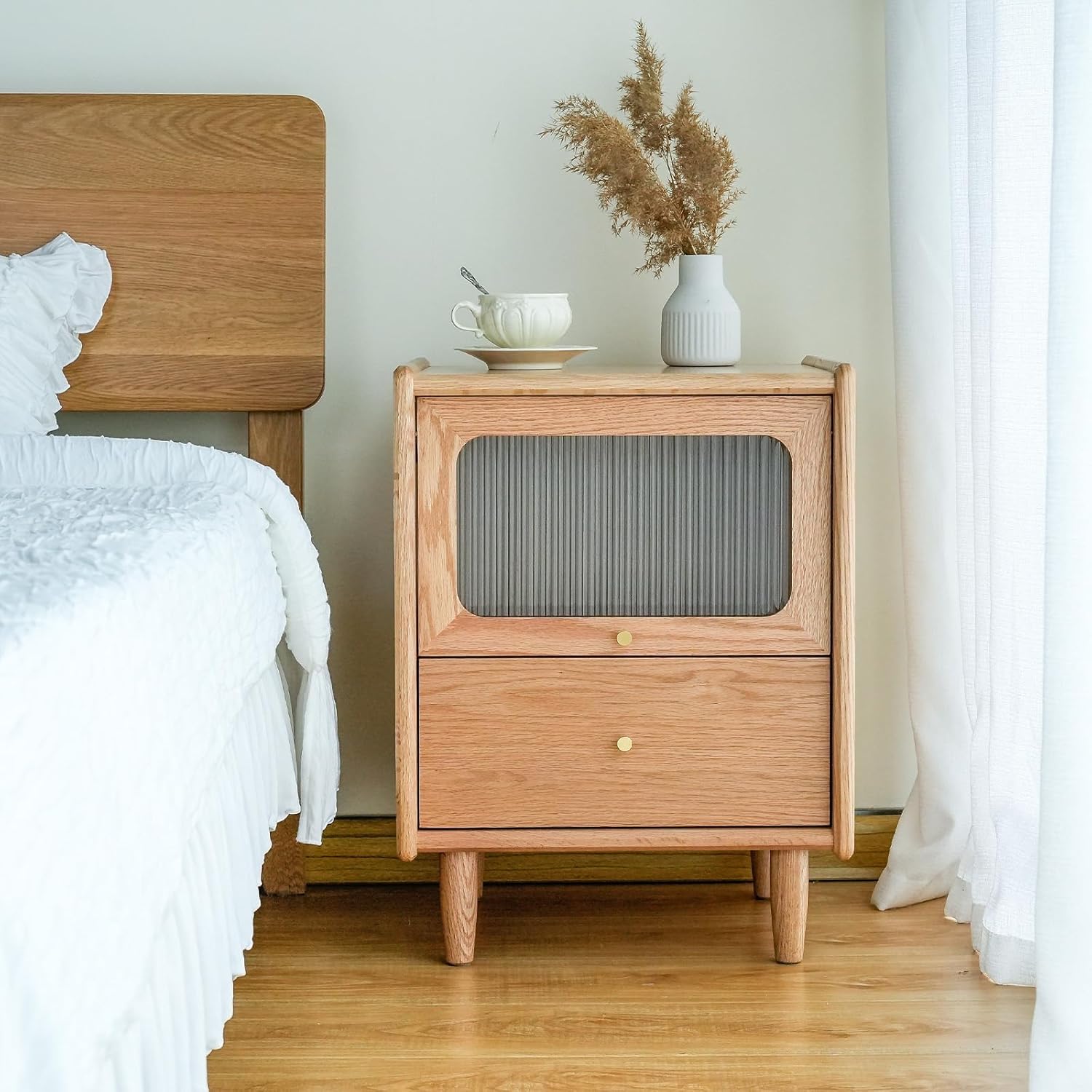 Nightstand, Oak Nightstand, Solid Wood Nightstand with Glass Drawers, Natural Wood Nightstand, Mid Century End Table, 23.62 H x 17.72 W x 15.75 D Inches
