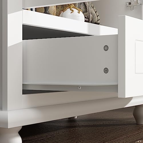 Hitow Tall Bookshelf White Bookcase with Glass Doors, Wooden Display Cabinet with 4-Tier Shelf & 2 Drawers, Pantry Cabinet for Home Office, Living Room, White (31.5”W x 15.7”D x 70.1”H)