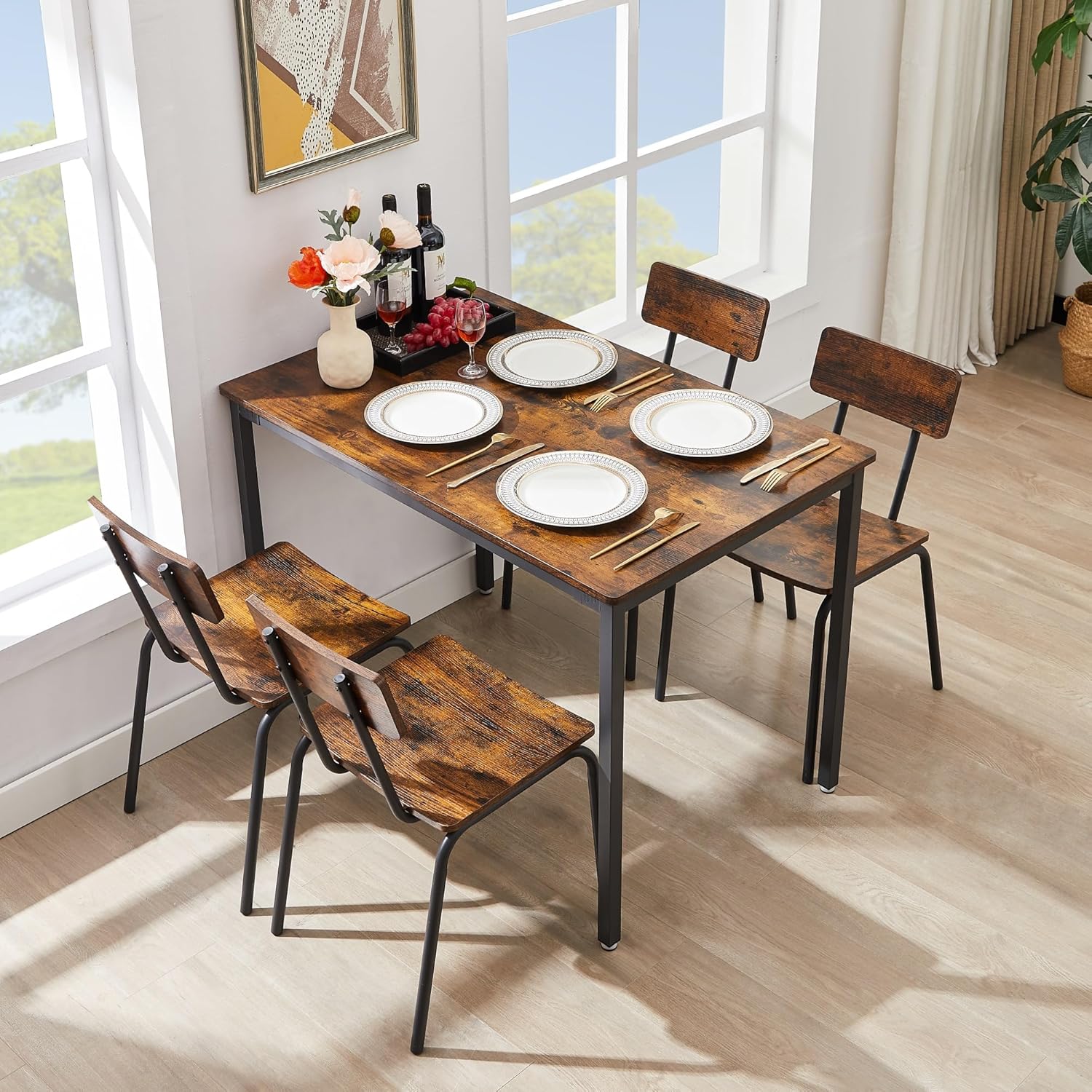 5 Piece Dining Table Set with 4 Chairs,1 Table, Counter Height Bistro Pub Table, Kitchen Table and Stools Set for Kitchen, Dining Room,43.3'' L x 27.6'' W x 30.3'' H (Rustic Brown)