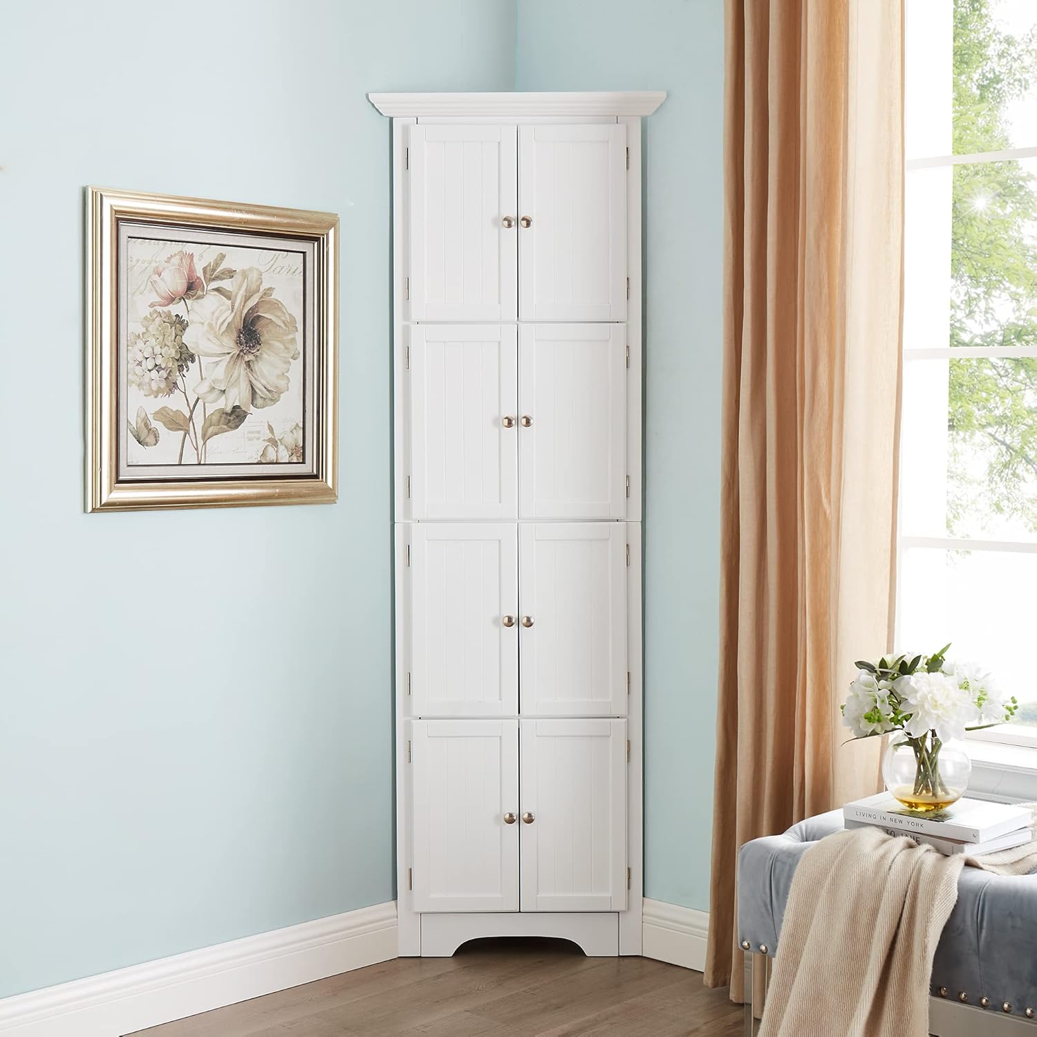 72 Inch Tall Corner Storage Cabinet with 8 Doors, 4-Tier Kitchen Pantry Storage Cabinet, for Living Room, Kitchen, Office, Bathroom, White