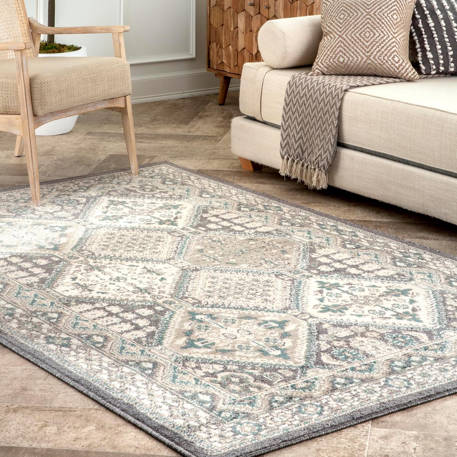 nuLOOM 5x8 Becca Traditional Tiled Area Rug, Charcoal, Faded Transitional Design, Stain Resistant, For Bedroom, Dining Room, Living Room, Hallway, Office, Kitchen, Entryway