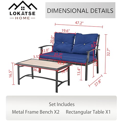 LOKATSE HOME 2 Pcs Patio Loveseat Bench Outdoor Furniture Conversation Sets with Steel Frame Thick Cushions Chair and Coffee Table for Backyard Deck Lawn Garden, Blue