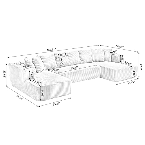 131'' Modular Sectional Couch, U-Shaped Sofa, Chaise Lounge, Striped Fabric,Upholstered 4 Seater Couch for Living Room, Bedroom, Free Combination Sofa (Corduroy), Blue