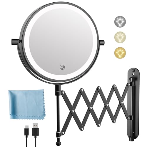 Rechargeable Wall Mounted Makeup Mirror - 8 Inch Double Sided 1X/10X Magnifying Mirror with 3 Color Lights Dimmable Touch Screen, 360°Swivel 19.6 Inch Extendable Accordion Bathroom Mirror - Nickel
