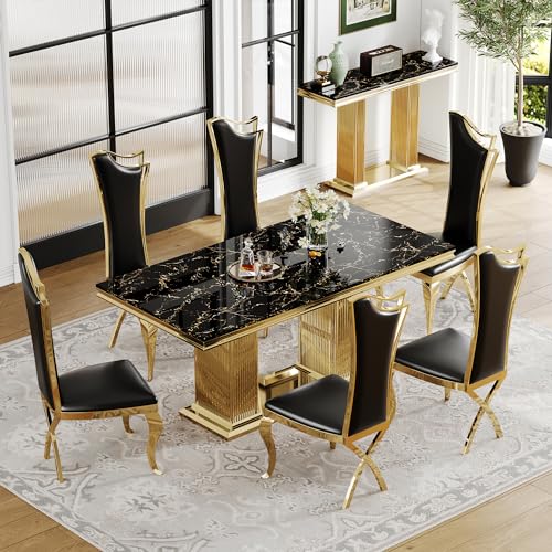 White Marble Dining Table for 6 Luxury Faux Marble Kitchen Table with Gold Mirrored Stainless Steel Base, 70