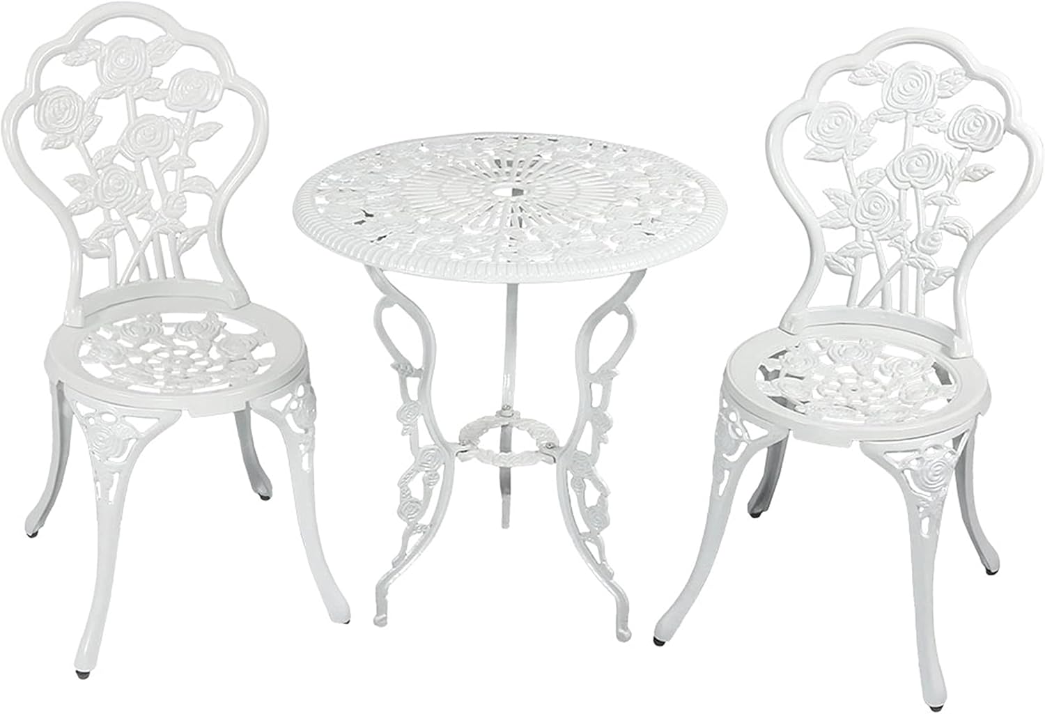 Sunnydaze 3-Piece Flower Designed Bistro Table Set with 2 Chairs, Outdoor Cast Aluminum, White