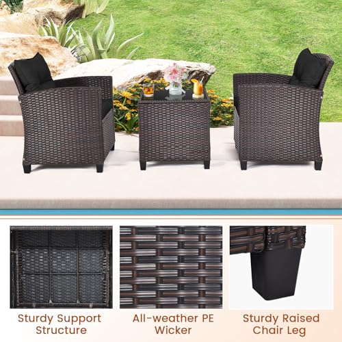 S AFSTAR 3 Pieces Patio Furniture Set, Outdoor Wicker Conversation Set Rattan Chairs with Soft Cushions, Glass Coffee Table, Bistro Set for Front Porch Balcony Garden Deck Poolside, Navy