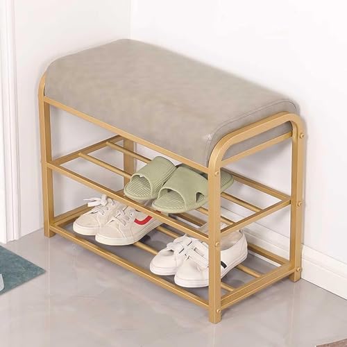 Entryway Shoe Rack with Cushioned Seat, Hallway Narrow Shoe Bench, 2 Shelves Storage Bench with Faux Leather Top Bed Bench, Gold