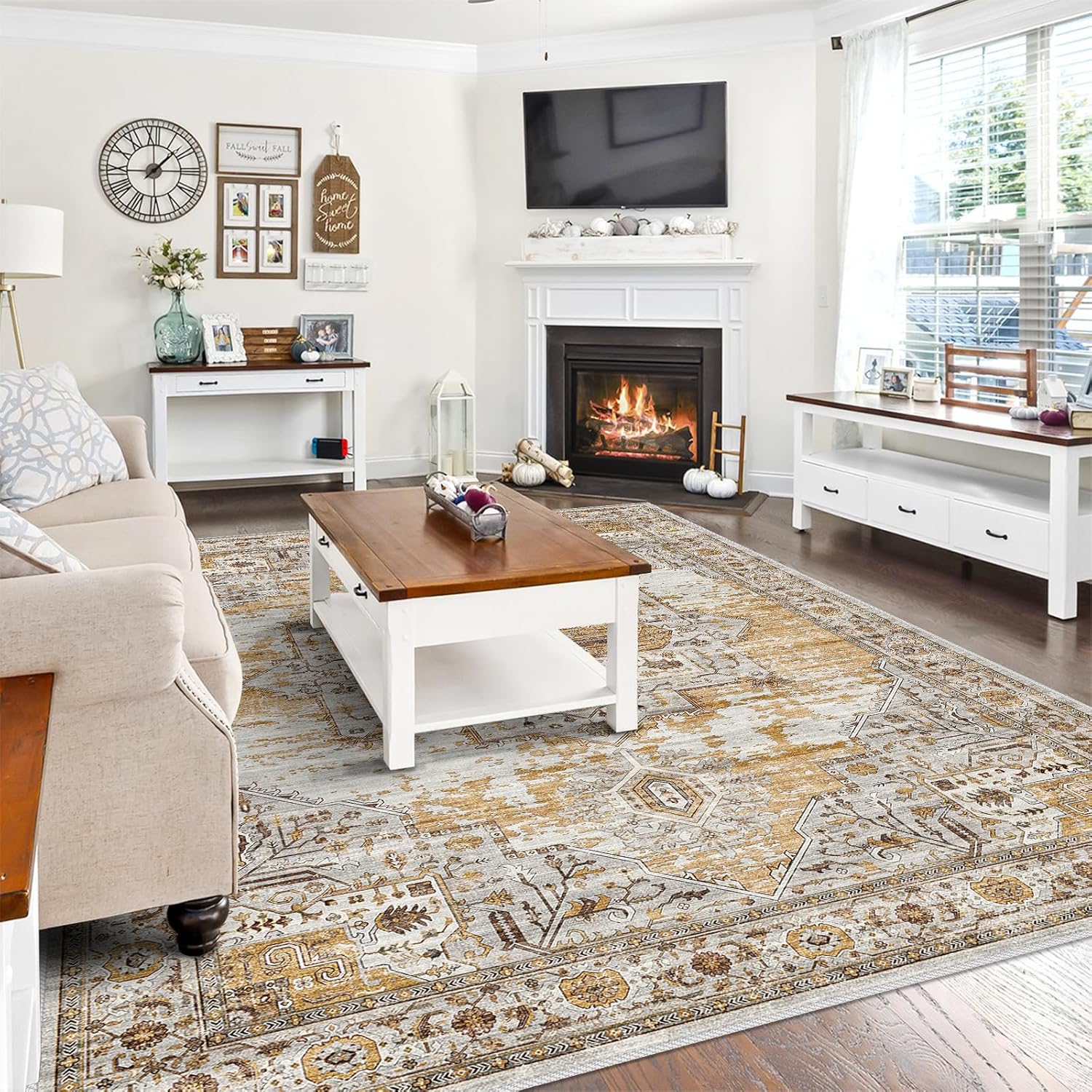 Washable 8x10 area rugs - Large Rugs for Living Room Stain Resistant Carpet Vintage Rugs for Bedroom with Non Slip Backing Home Decor Floor Decoration Mat (8x10 Yellow)