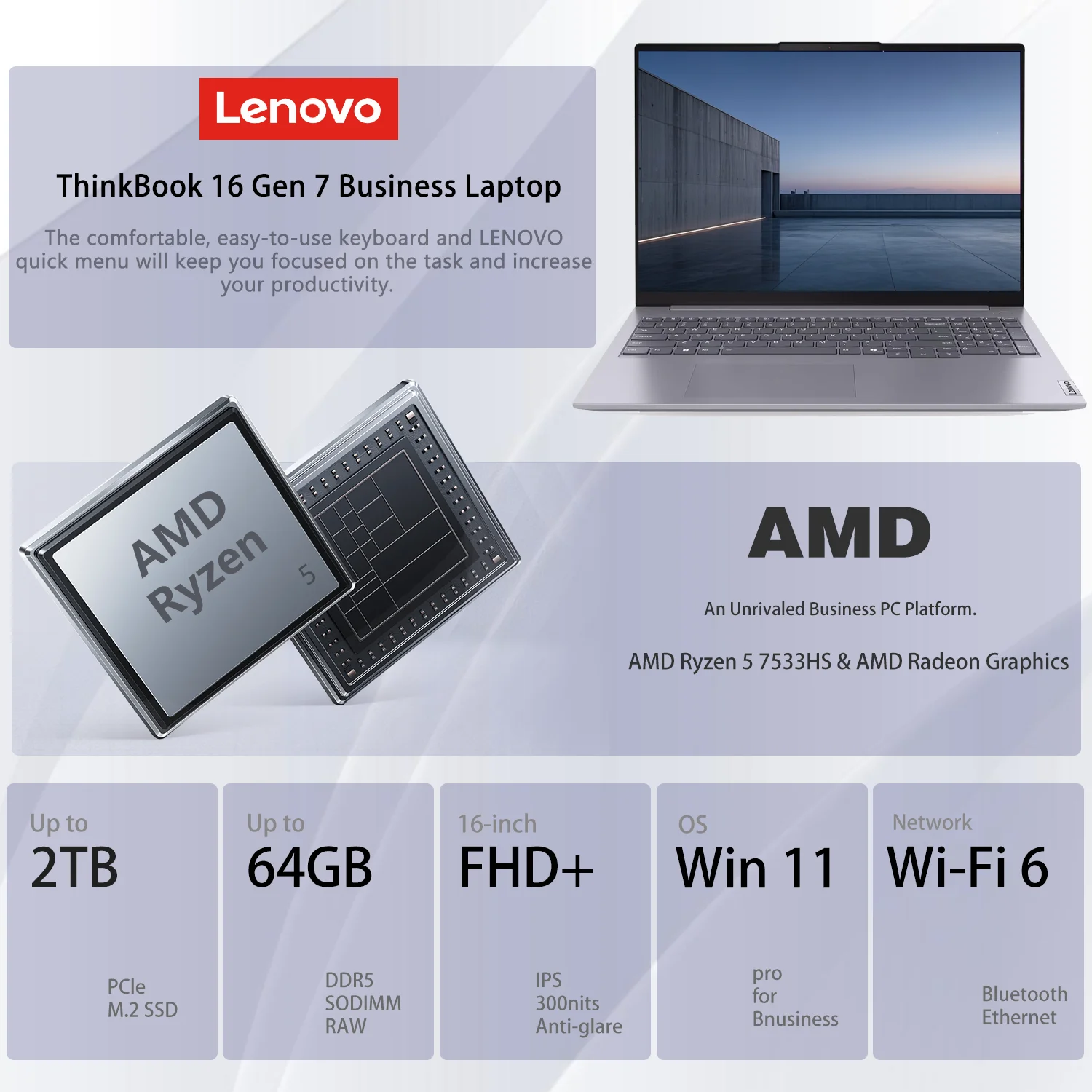 LENOVO ThinkBook 16" FHD+ Laptop, AMD Ryzen 5 7533HS, 16GB DDR5, 1TB SSD, Wi-Fi 6, Win 11 Pro