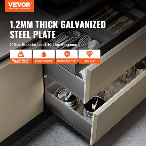 VEVOR 6 Pairs 18 Inch of 15 18 21 Inch Soft Close Bottom Mount Drawer Slides, Heavy Duty Ball Bearing Full Extension Steel Track, Noiseless Guide Glides Cabinet Kitchen Runners with Locking, 100 Lbs