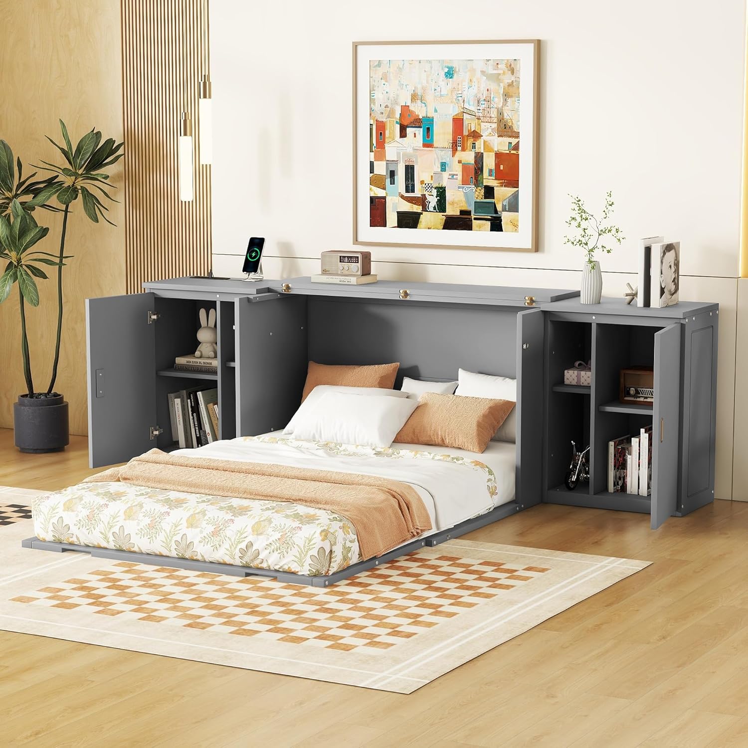 Full Size Murphy Bed with Storage Shelves and Cabinets,2 in 1 Murphy Cube Cabinet Bed with USB Ports,Space-saving Wooden Bedframe for Bedroom,Guest Room Lounge or Office, Apartment（Gray）